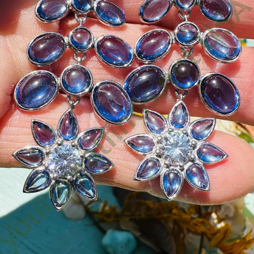 Sterling Silver Cz & Blue Glass Shoulder Duster Pierced Or Clip On Earrings Earrings