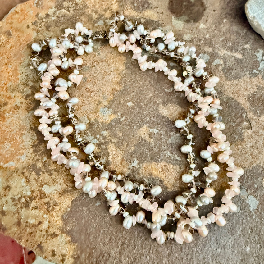 Triple Strand Pearl & Quartz Necklace necklace