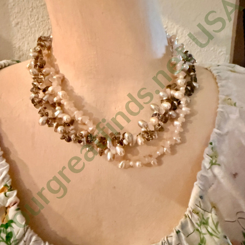 Triple Strand Pearl & Quartz Necklace necklace