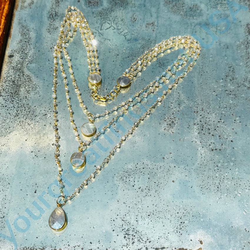 Triple Strand Rainbow Moonstone Beaded Necklace Gold On Sterling Apparel & Accessories