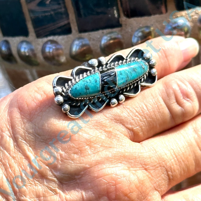 Turquoise Black Jet Long Ring Sterling Silver Zuni Signed 7