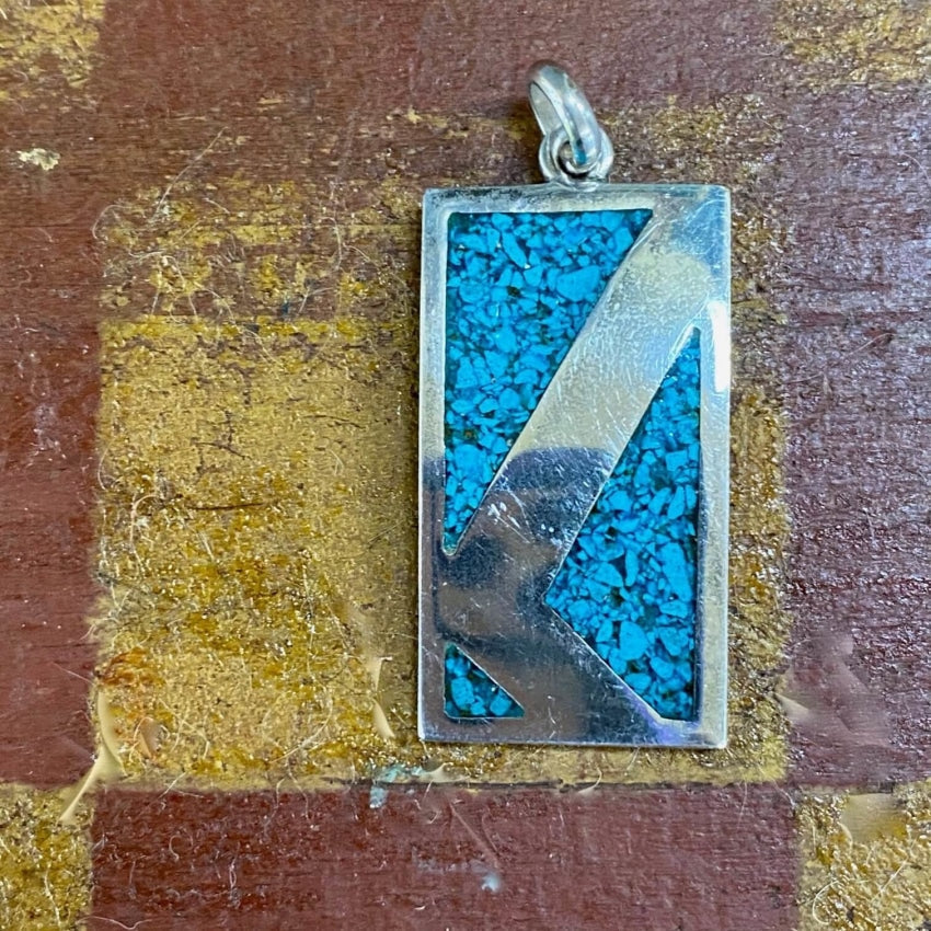 Turquoise Chip Mosaic Pendant in Sterling Silver Taxco, Mexico Vintage Yourgreatfinds