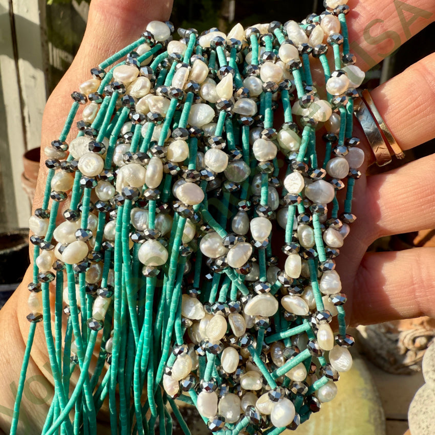 Turquoise Heishi Hematite & Pearl 13 Strand Necklace necklace