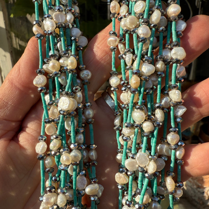 Turquoise Heishi Hematite & Pearl 13 Strand Necklace necklace