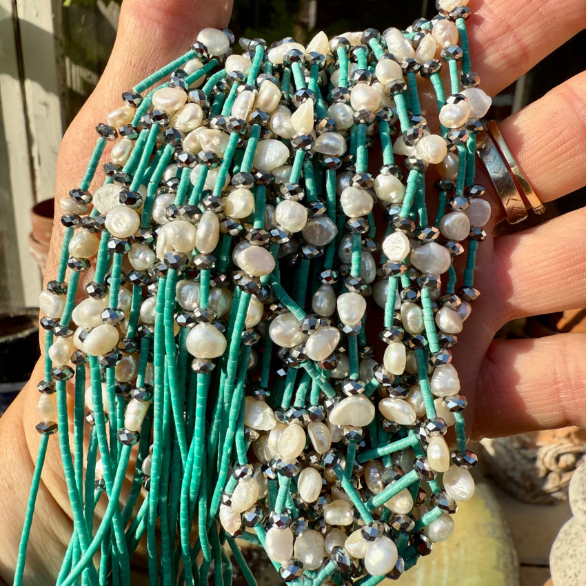 Turquoise Heishi Hematite & Pearl 13 Strand Necklace necklace
