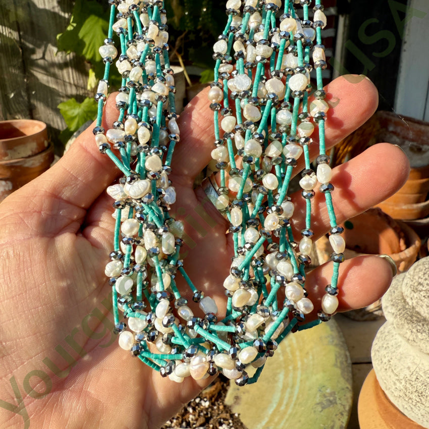 Turquoise Heishi Hematite & Pearl 13 Strand Necklace necklace