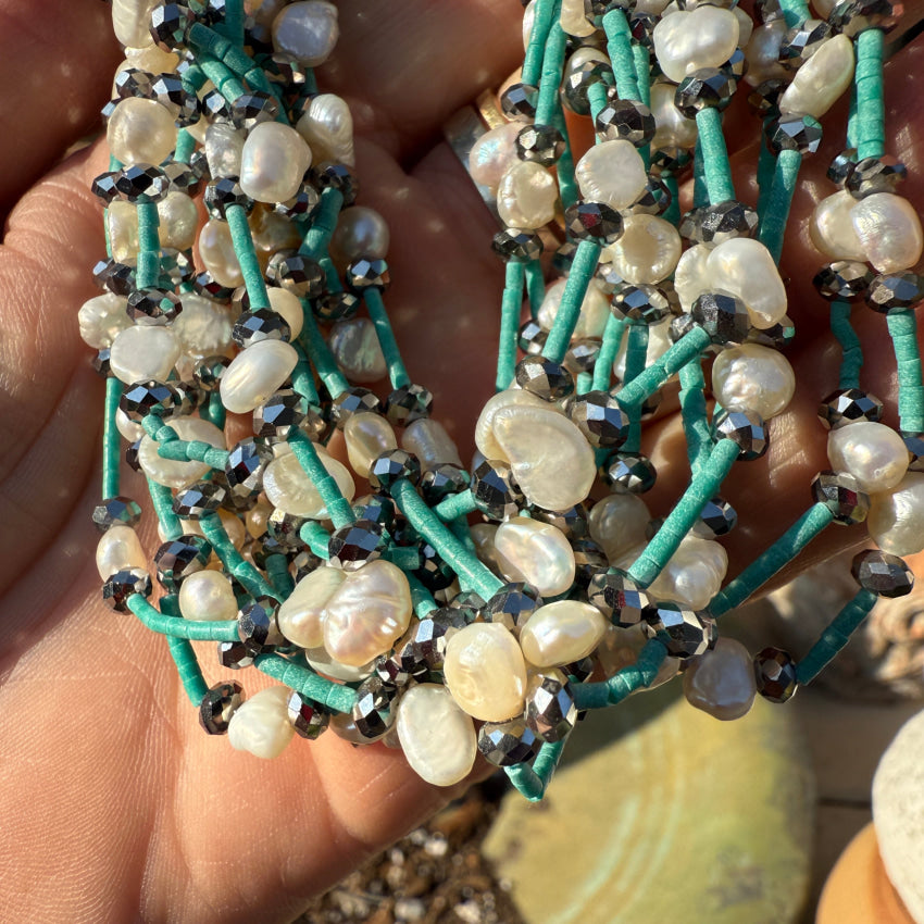 Turquoise Heishi Hematite & Pearl 13 Strand Necklace necklace