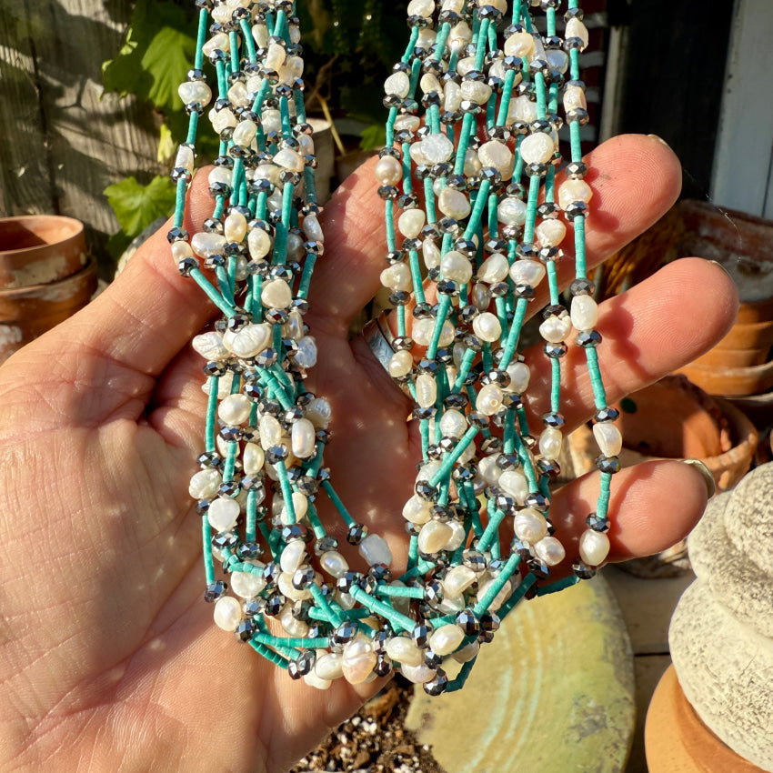 Turquoise Heishi Hematite & Pearl 13 Strand Necklace necklace