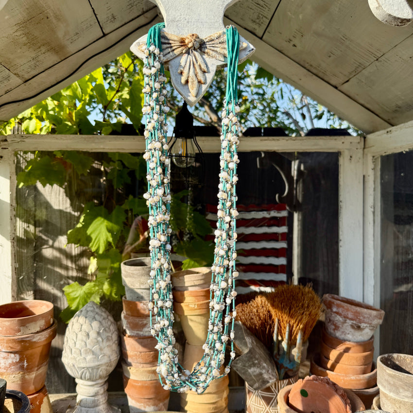 Turquoise Heishi Hematite & Pearl 13 Strand Necklace necklace