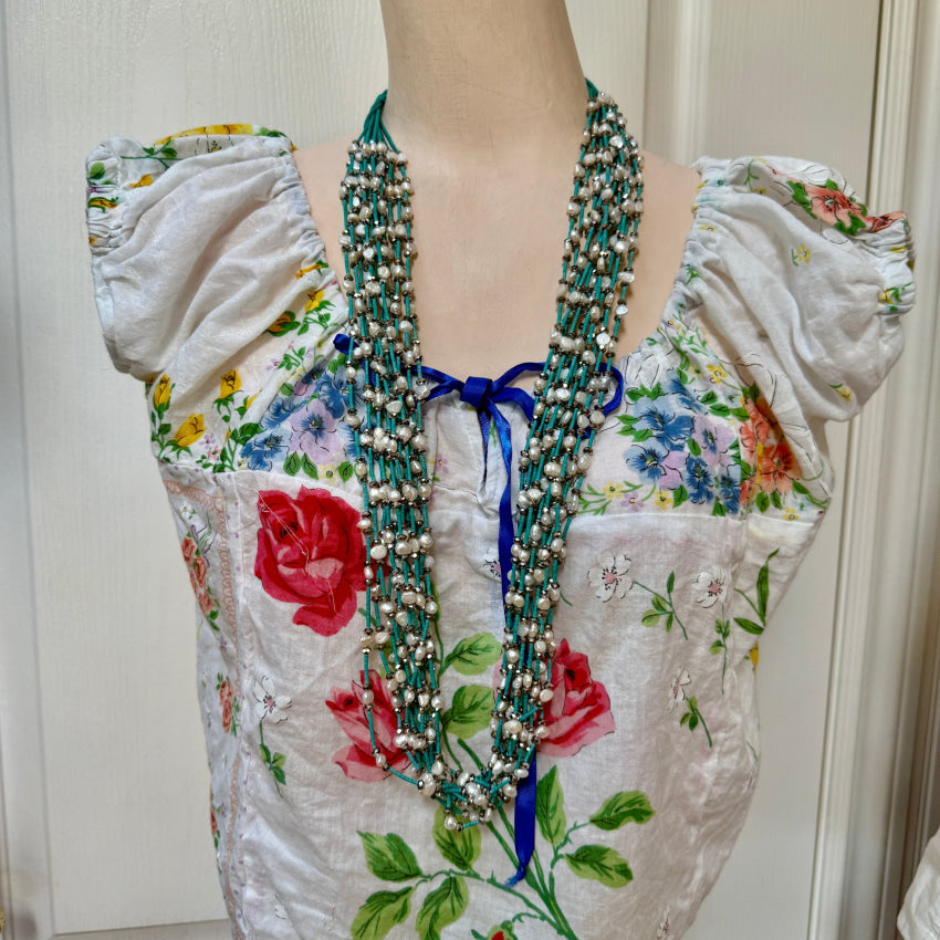 Turquoise Heishi Hematite & Pearl 13 Strand Necklace necklace