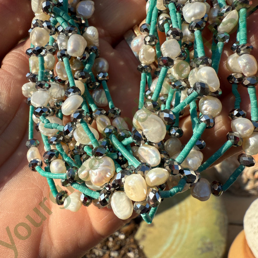 Turquoise Heishi Hematite & Pearl 13 Strand Necklace necklace