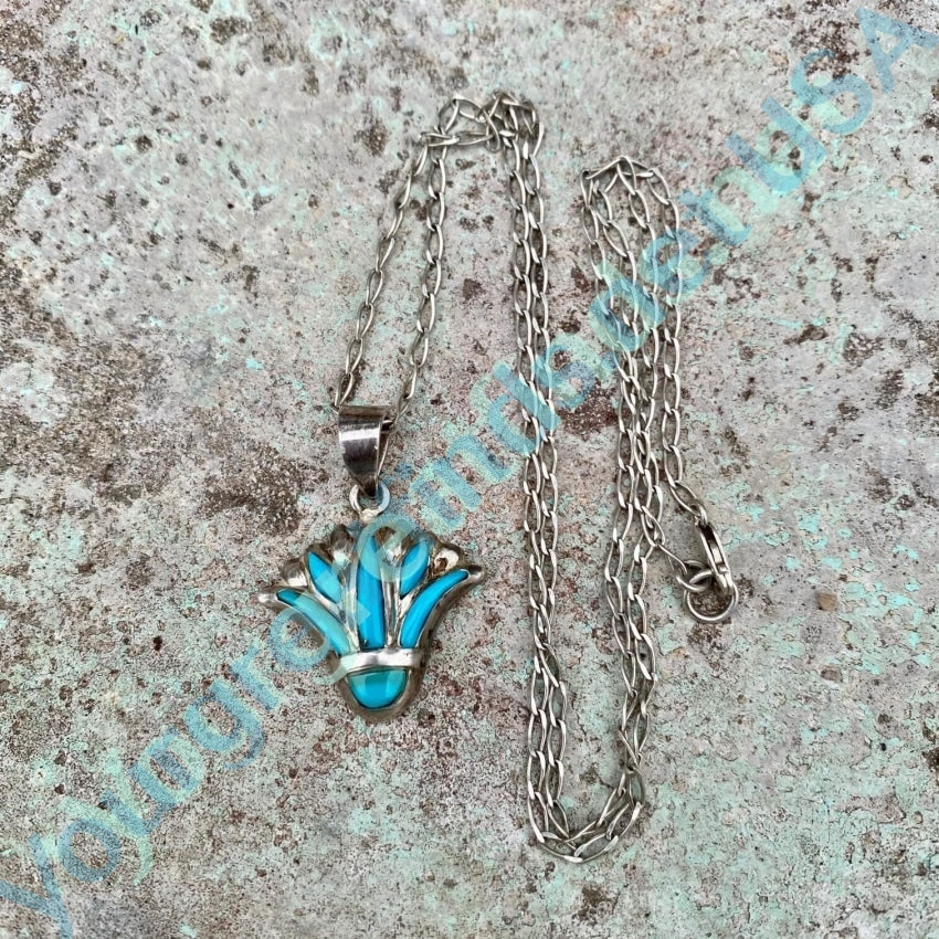 Turquoise Inlay Pendant and Chain Necklace in Sterling Silver Yourgreatfinds