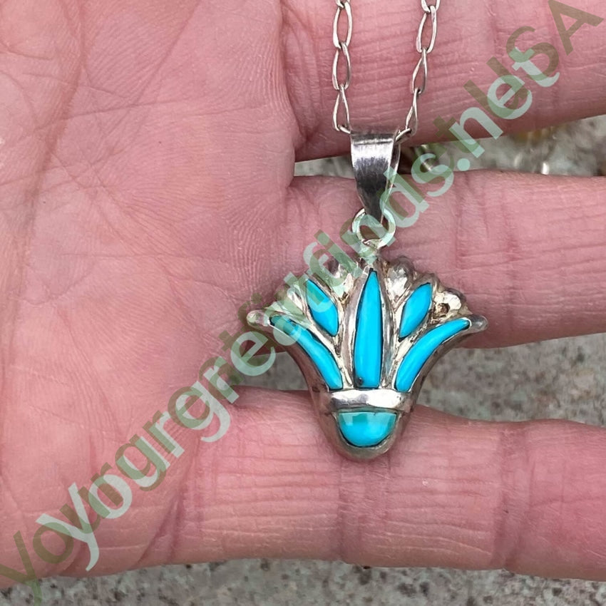 Turquoise Inlay Pendant and Chain Necklace in Sterling Silver Yourgreatfinds