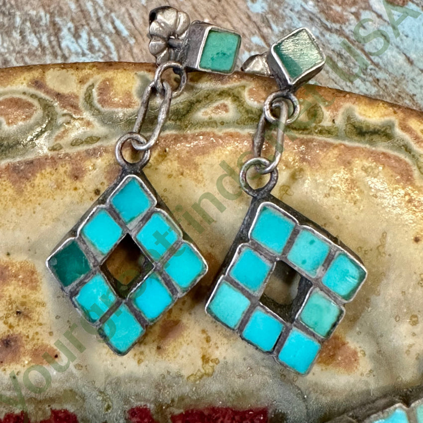 Turquoise Mosaic Sterling Silver Necklace Earring Set Navajo