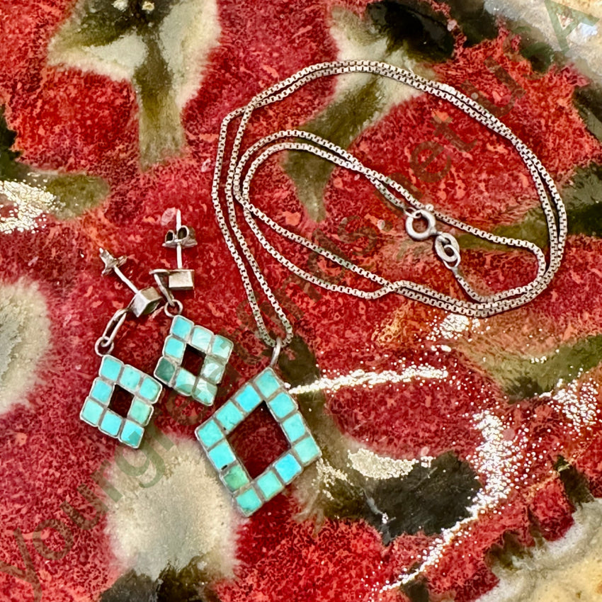 Turquoise Mosaic Sterling Silver Necklace Earring Set Navajo