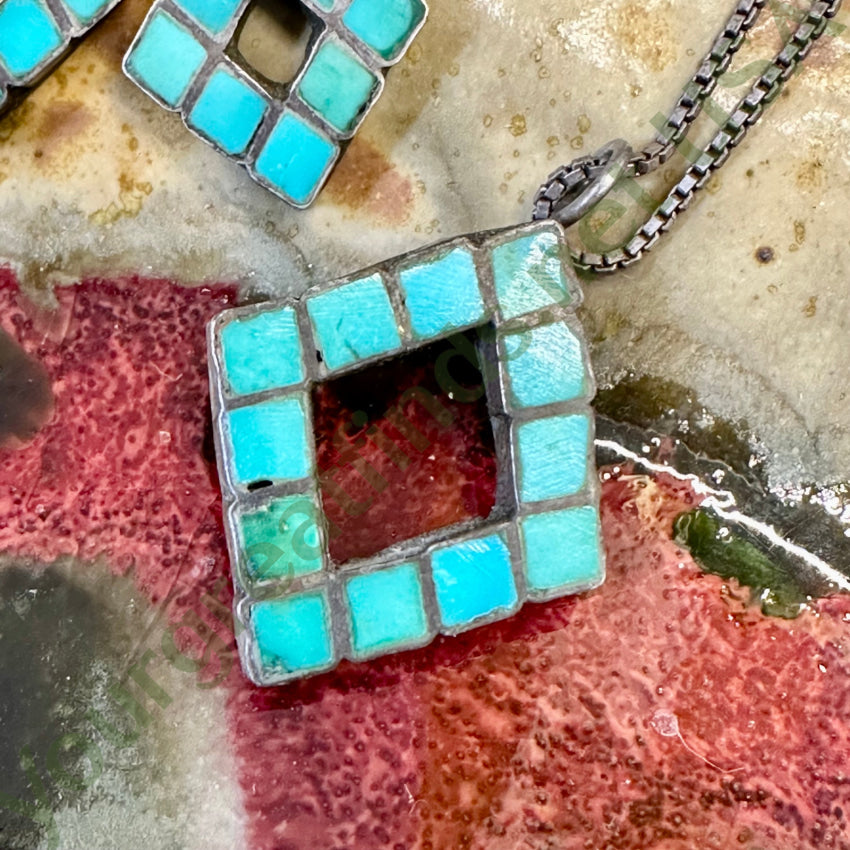 Turquoise Mosaic Sterling Silver Necklace Earring Set Navajo