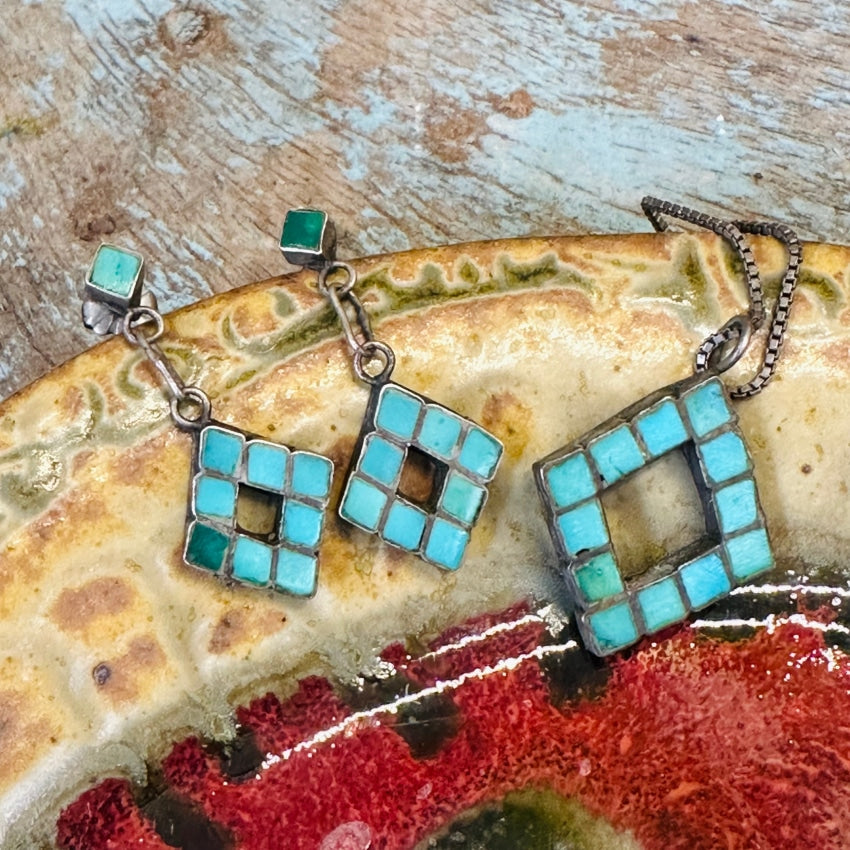 Turquoise Mosaic Sterling Silver Necklace Earring Set Navajo