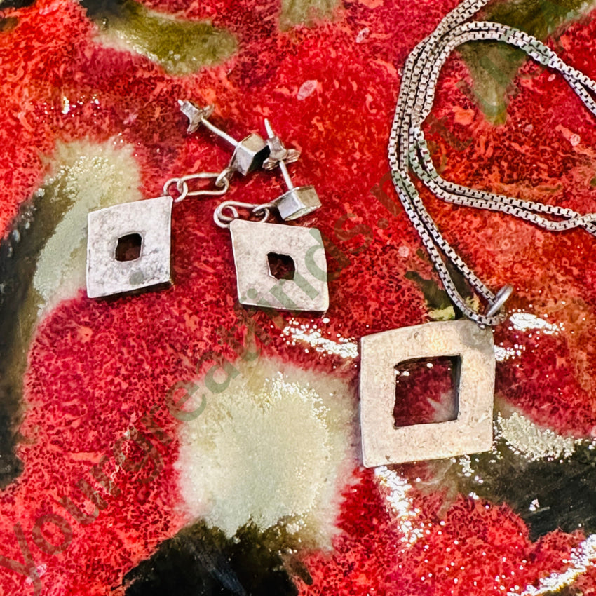 Turquoise Mosaic Sterling Silver Necklace Earring Set Navajo