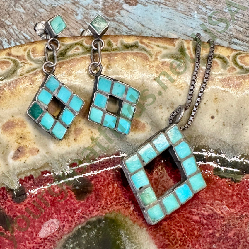 Turquoise Mosaic Sterling Silver Necklace Earring Set Navajo