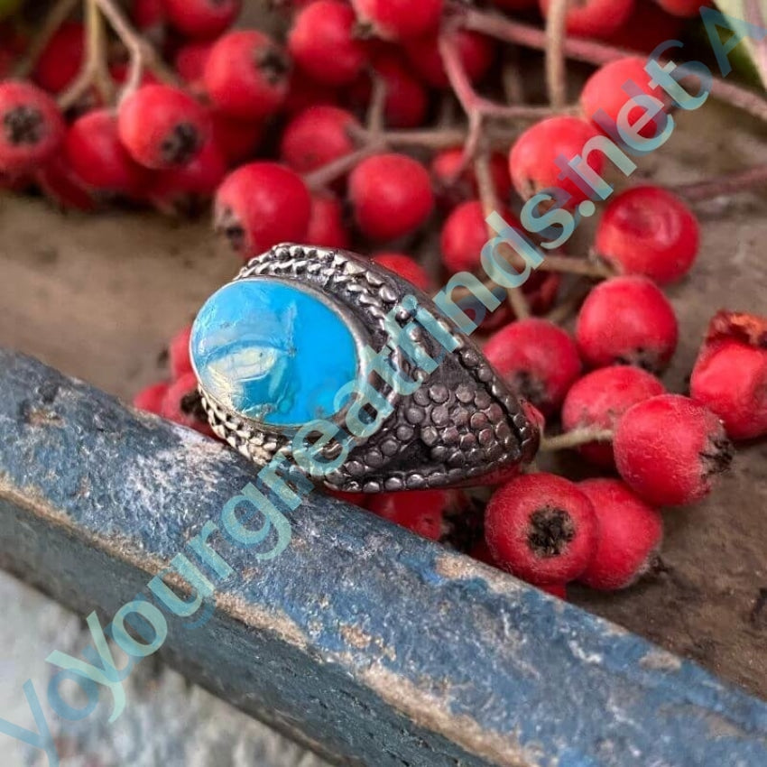 Turquoise Ring in Sterling Silver with Dot Bead Design Size 5 3/4 Yourgreatfinds