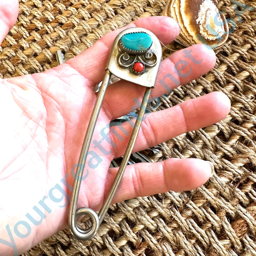 Very Worn Nickel Silver Turquoise Coral Safety Pin Key Ring / Keep Key Rings