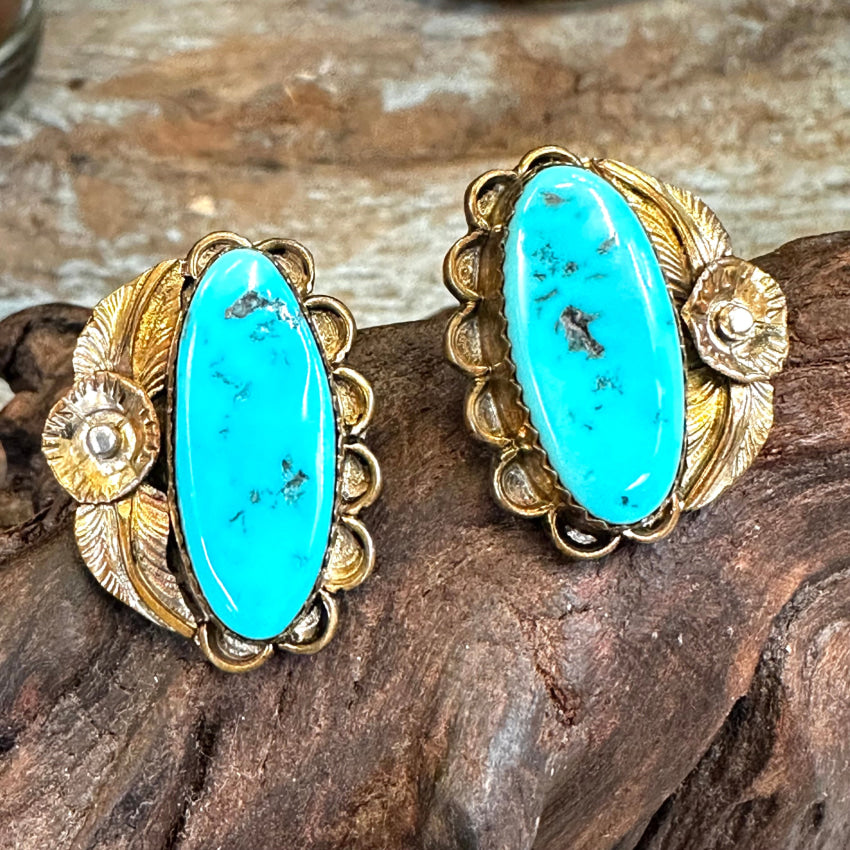 Vintage 12K Yellow Gold Over Sterling Silver Turquoise Pierced Earrings