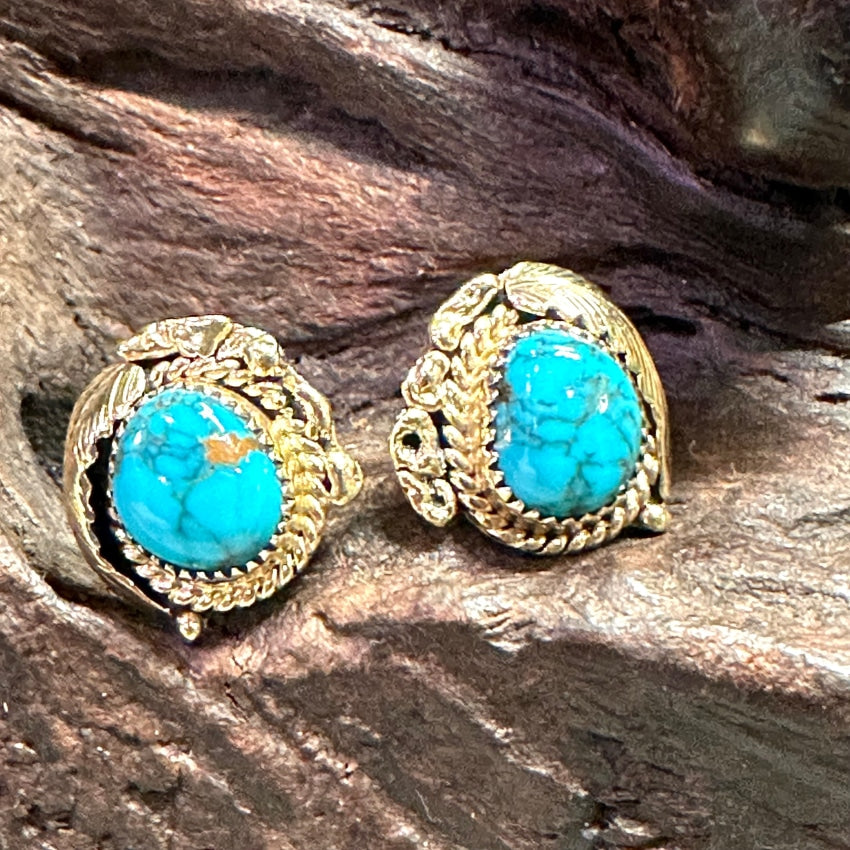 Vintage 14K Yellow Gold Pilot Mountain Turquoise Earrings Navajo R Bennett