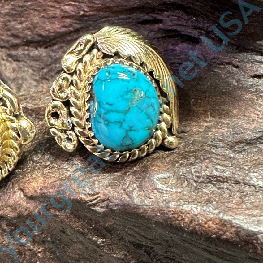 Vintage 14K Yellow Gold Pilot Mountain Turquoise Earrings Navajo R Bennett