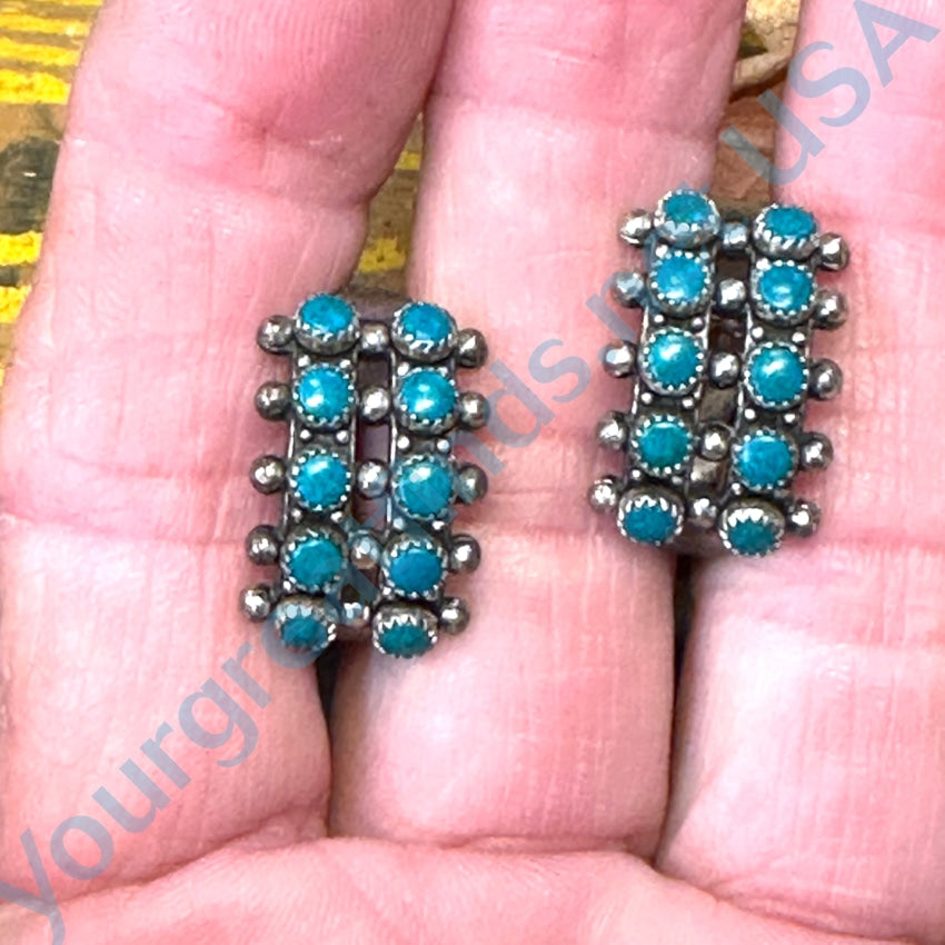 Vintage 1940S Sterling Silver Snake Eye Turquoise Row Hoop Earrings