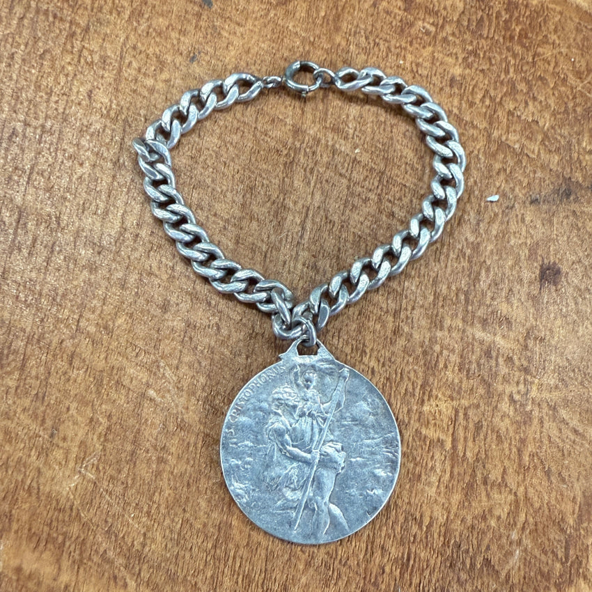 Vintage 1950S Solid Sterling Silver Oversized St. Christopher Bracelet