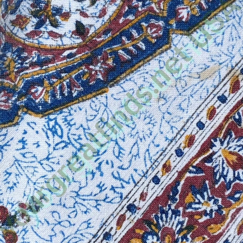 Vintage 1960s Indian Block Print Tapestry Tablecloth Cotton Blue White Yourgreatfinds