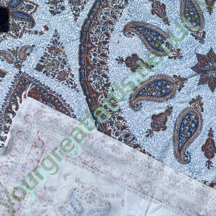 Vintage 1960s Indian Block Print Tapestry Tablecloth Cotton Blue White Yourgreatfinds