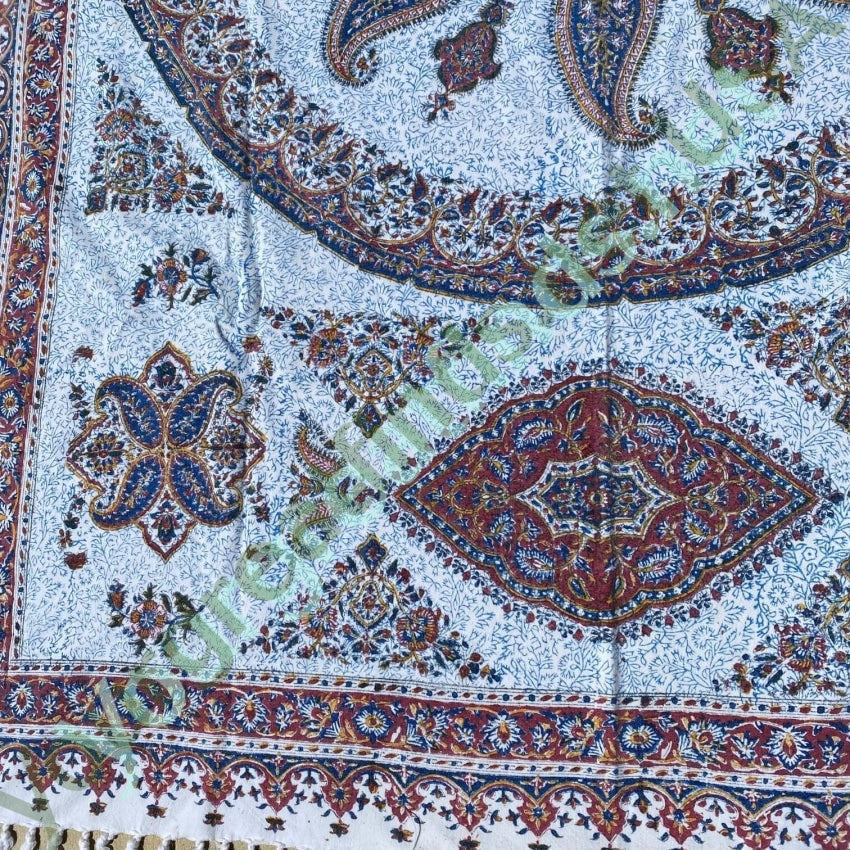 Vintage 1960s Indian Block Print Tapestry Tablecloth Cotton Blue White Yourgreatfinds