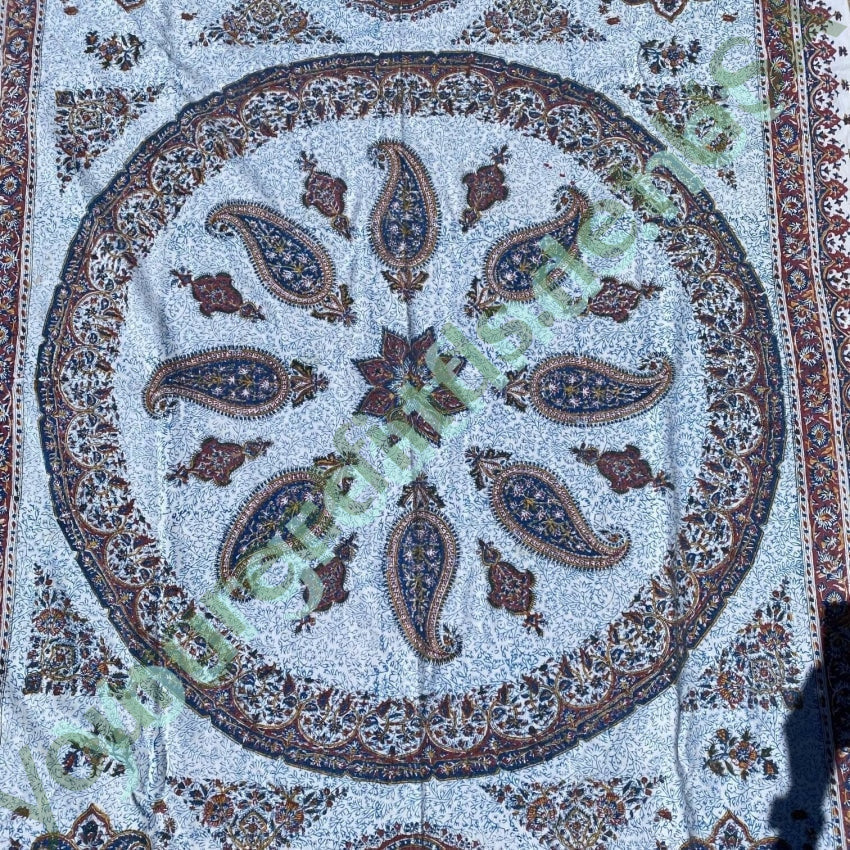 Vintage 1960s Indian Block Print Tapestry Tablecloth Cotton Blue White Yourgreatfinds