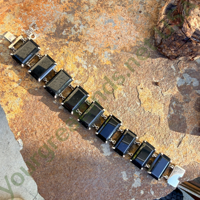 Vintage 1960s Sterling Silver & Faceted Black Glass Panel Bracelet bracelet