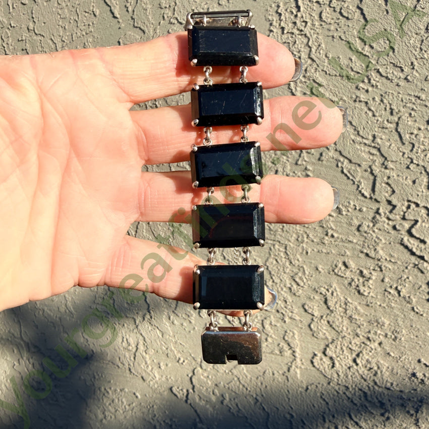 Vintage 1960s Sterling Silver & Faceted Black Glass Panel Bracelet bracelet