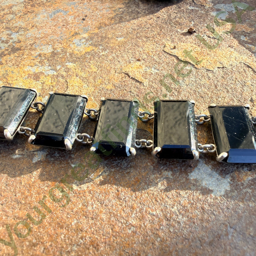 Vintage 1960s Sterling Silver & Faceted Black Glass Panel Bracelet bracelet