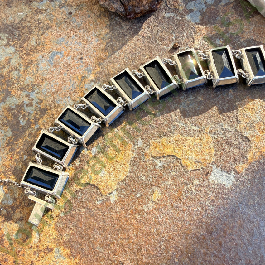 Vintage 1960s Sterling Silver & Faceted Black Glass Panel Bracelet bracelet