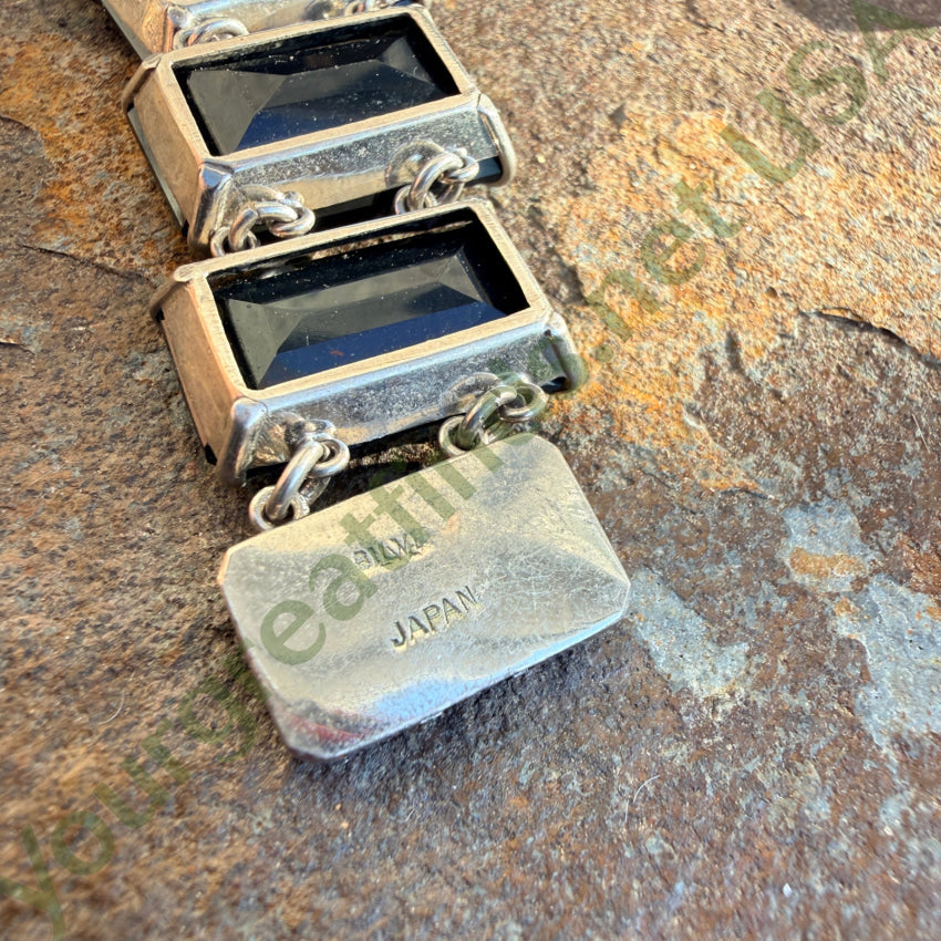 Vintage 1960s Sterling Silver & Faceted Black Glass Panel Bracelet bracelet