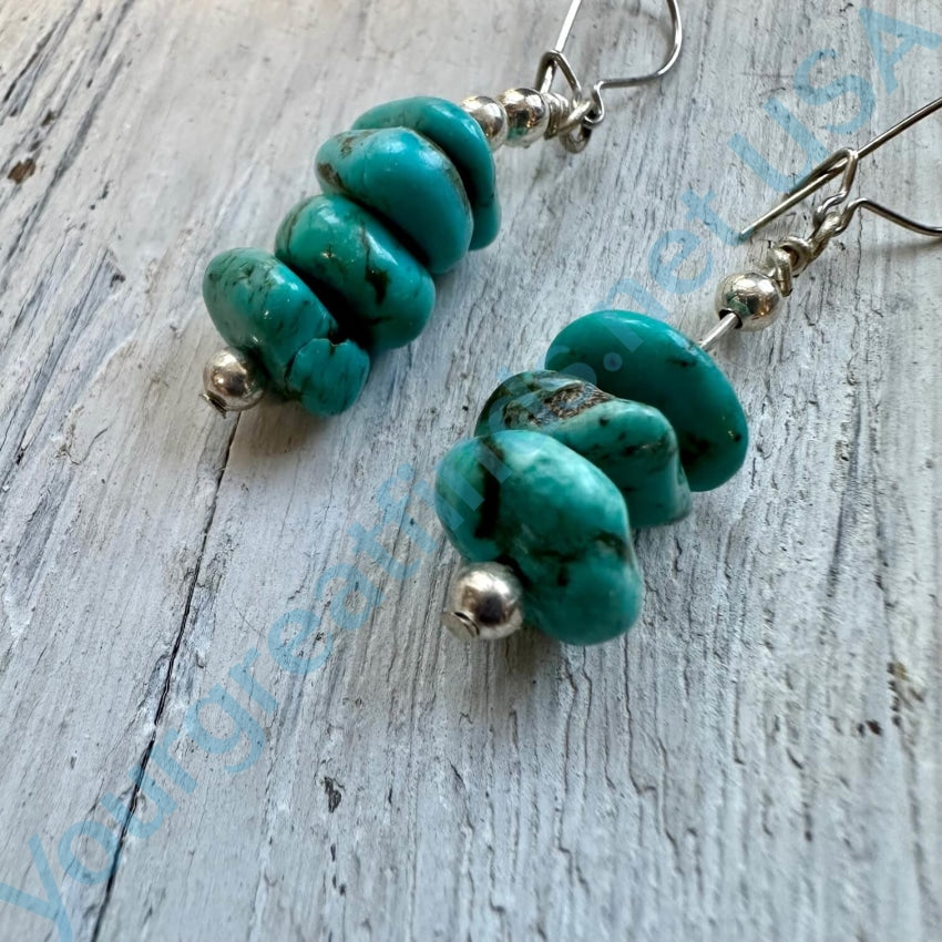 Vintage 1960S Sterling Silver Turquoise Nugget Earrings