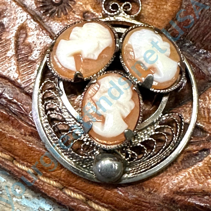 Vintage 1970S Carved Shell Triple Cameo Pendant