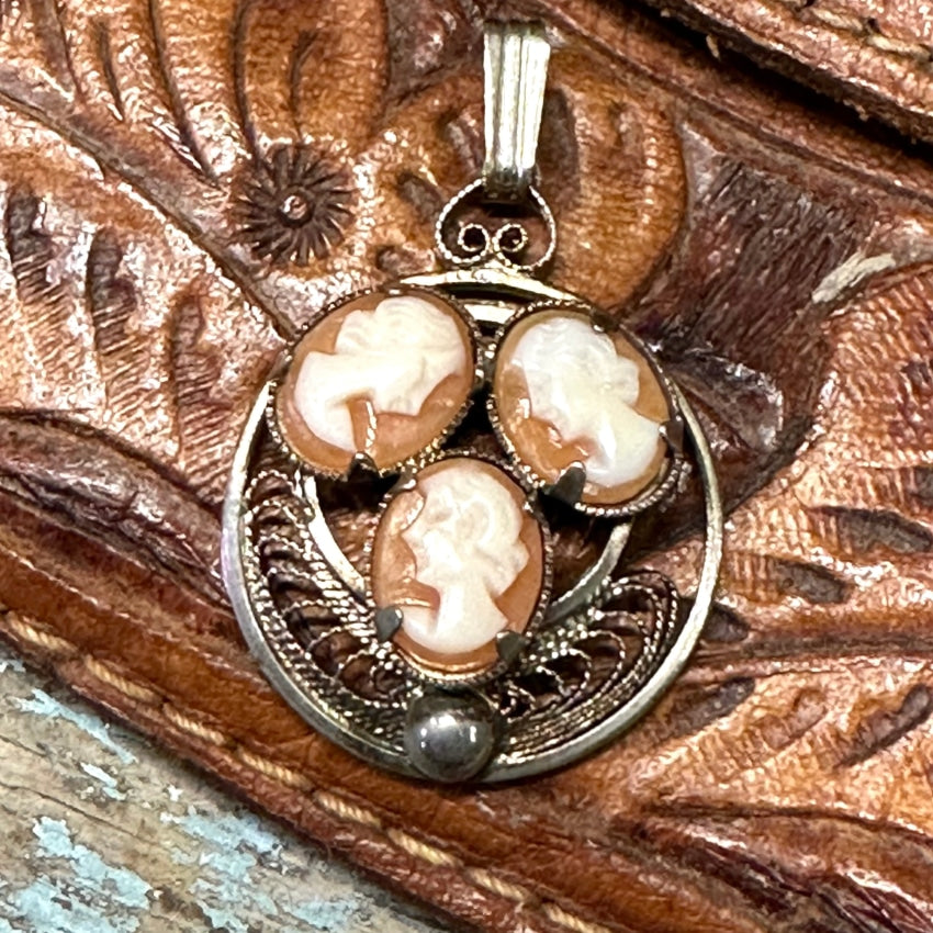 Vintage 1970S Carved Shell Triple Cameo Pendant