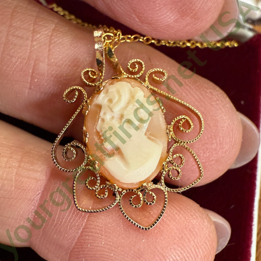 Vintage 1970S Gold Filled Shell Cameo Necklace In Original Box Necklace