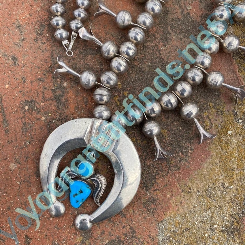 Vintage 1970s Navajo Sterling Silver and Turquoise Squash Blossom Necklace Yourgreatfinds