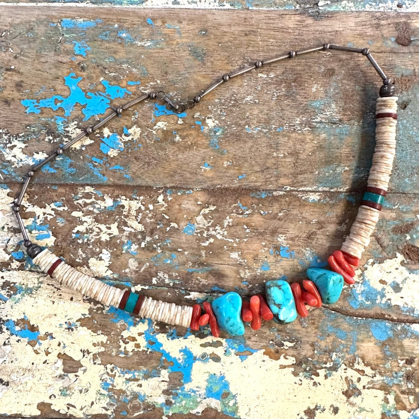 Vintage 1970S Sterling Silver Shell Turquoise Coral Choker Necklace