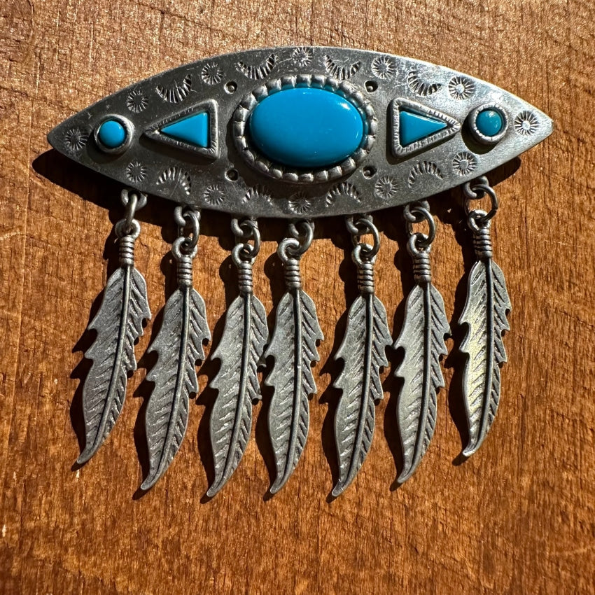 Vintage 1988 Costume Grade Turquoise 7 Feather Pin