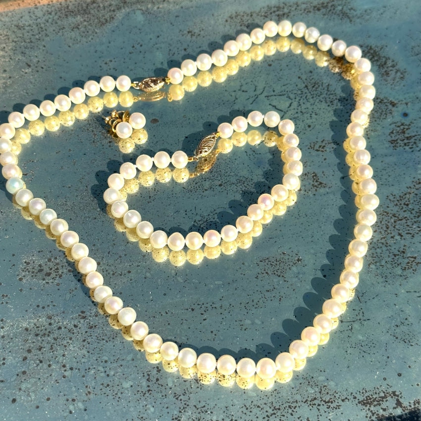 Vintage 6Mm Cultured Pearl Necklace Bracelet Earring Set 14K Ywllow Gold
