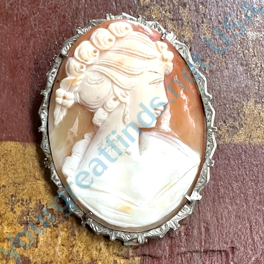 Vintage 800 Silver Carved Shell Cameo Pendant Brooch