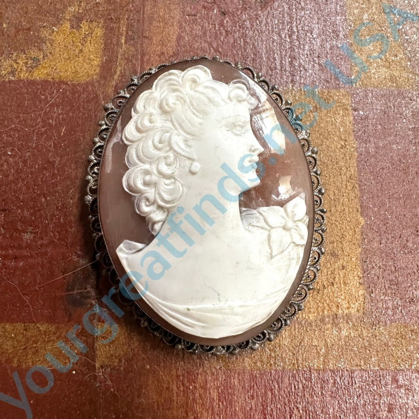 Vintage 800 Silver Carved Shell Cameo Pendant Brooch