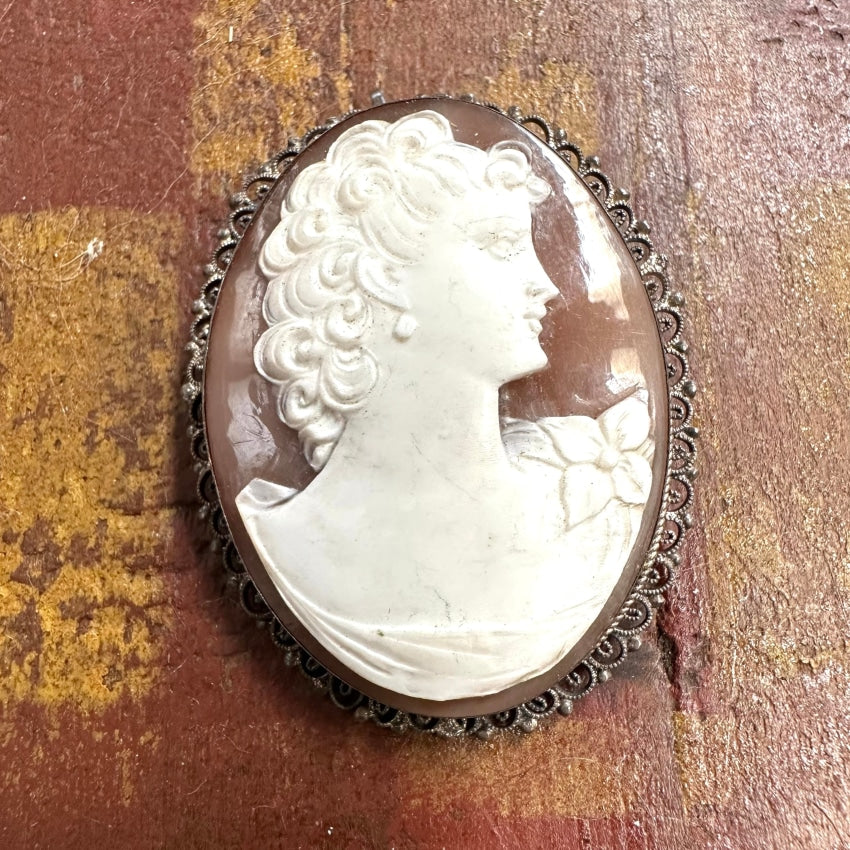 Vintage 800 Silver Carved Shell Cameo Pendant Brooch